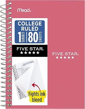 Five Star Spiral Notebook, 1 Subject, College Ruled Paper, 4-3/8" x 7", Personal Size, 80 Sheets, Fights Ink Bleed, Water Resistant Cover, Prom Pink 450048R