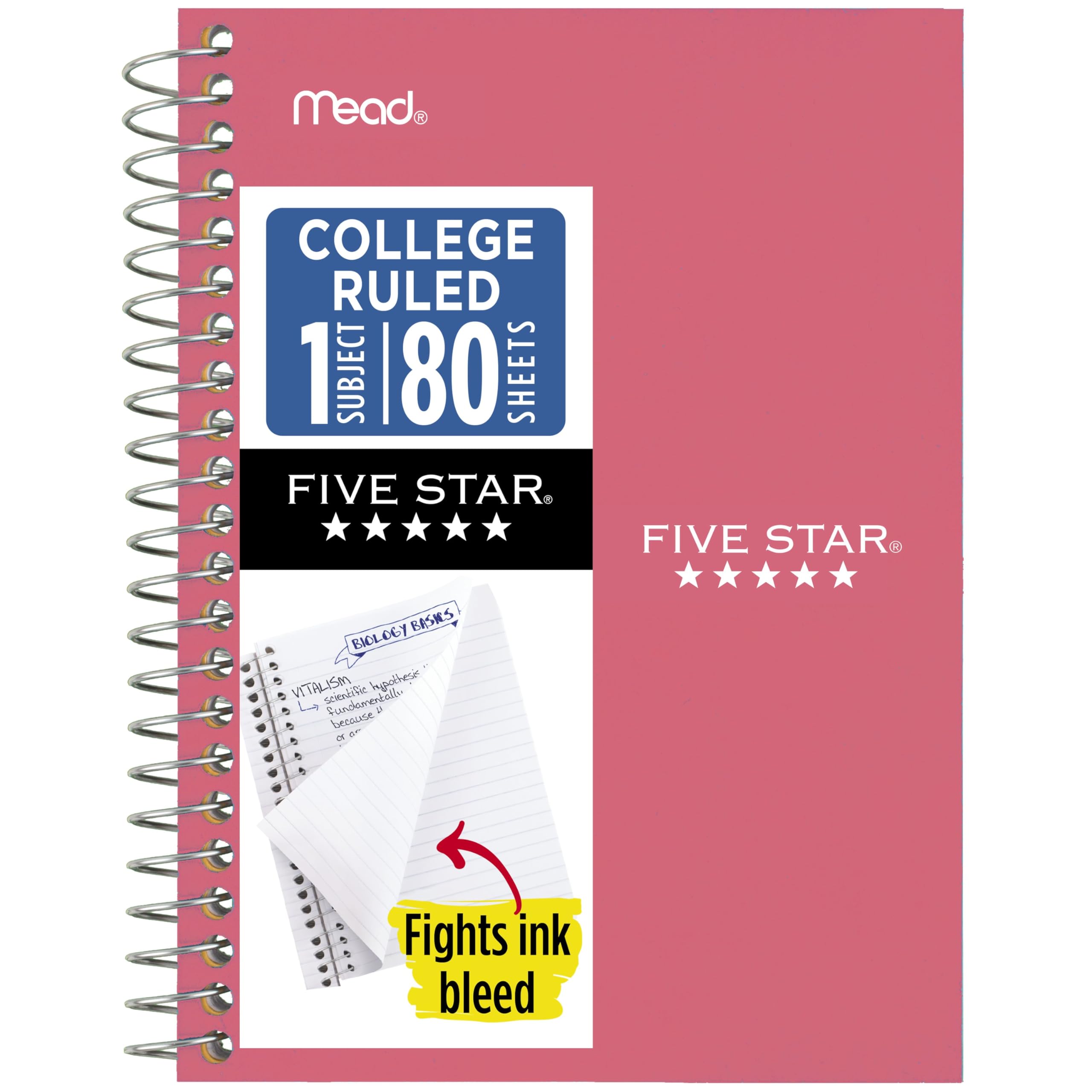 Five Star Spiral Notebook, 1 Subject, College Ruled Paper, 4-3/8" x 7", Small Size, 80 Sheets, Fights Ink Bleed, Water Resistant Cover, Prom Pink (450048R)