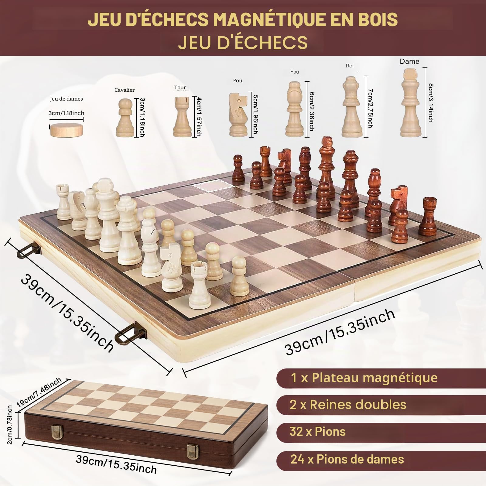 Jeu d'échecs magnétique Pliable en Bois 39 cm Échiquier 2 en 1 Portable
