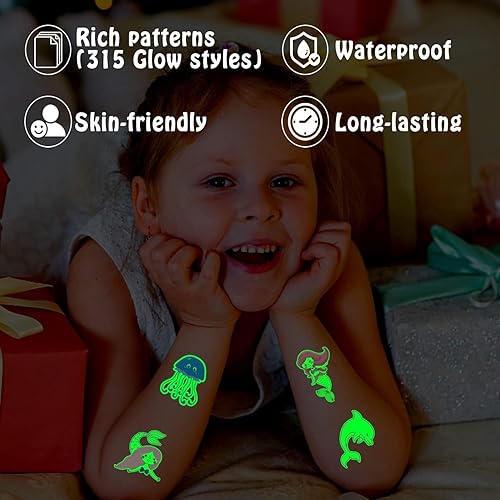 Miniatura 4 de Partywind Decoración luminosa de fiesta de sirena de 315 estilos para niñas, 30 hojas de tatuajes temporales de sirena brillante para niños,