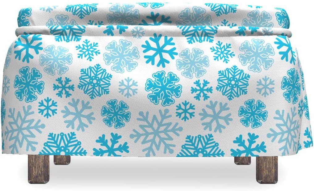 Lunarable Snowflake Ottoman Cover, Christmas Snowy, 2 Piece Slipcover Set with Ruffle Skirt for Square Round Cube Footstool Decorative Home Accent, Standard Size, Sky Blue