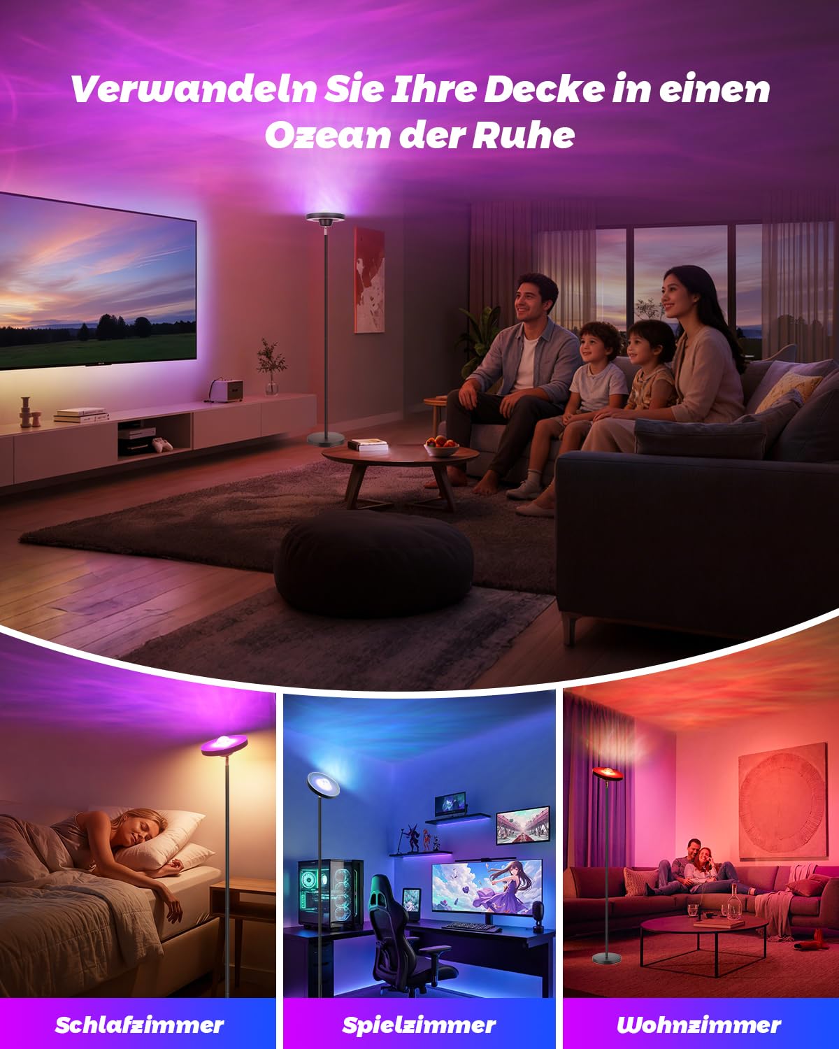 LED Deckenfluter mit Wasserwellen-Projektor, 24W Stehlampe Wohnzimmer Dimmbar, RGB Ambientebeleuchtung, 2700-6500K, Fernbedienung, Moderne Stehleuchte für Schlafzimmer Gaming Zimmer Wohnzimmer