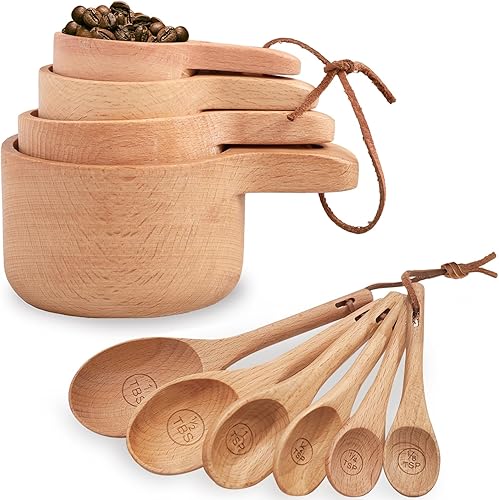 Juego de 10 tazas medidoras y cucharas medidoras, tazas medidoras de madera hechas a mano con cucharadita, cucharas medidoras para ingredientes