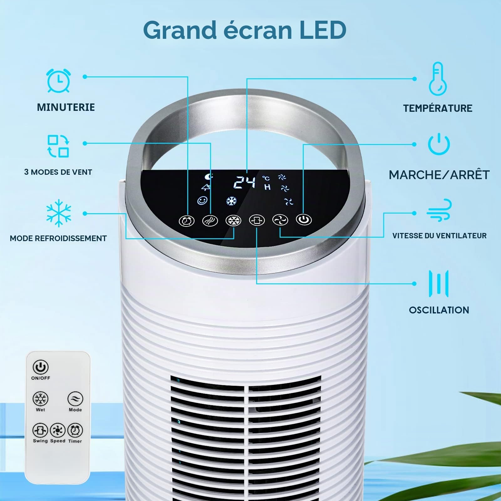 LIFERUN Ventilateur Refroidisseur Tour de 101 cm avec Télécommande, 4 en 1 Avec Refroidissement, Humidification de Nettoyage, Minuterie 8 Heures, Silencieux pour Chambre à Coucher, Salon, Blanc