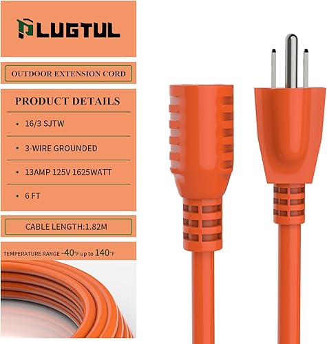 Miniatura 8 de Cable de extensión para exteriores de 50 pies, impermeable, calibre 163, cable de extensión de 3 puntas, 13A 1625 W SJTW, certificación ETL, ideal