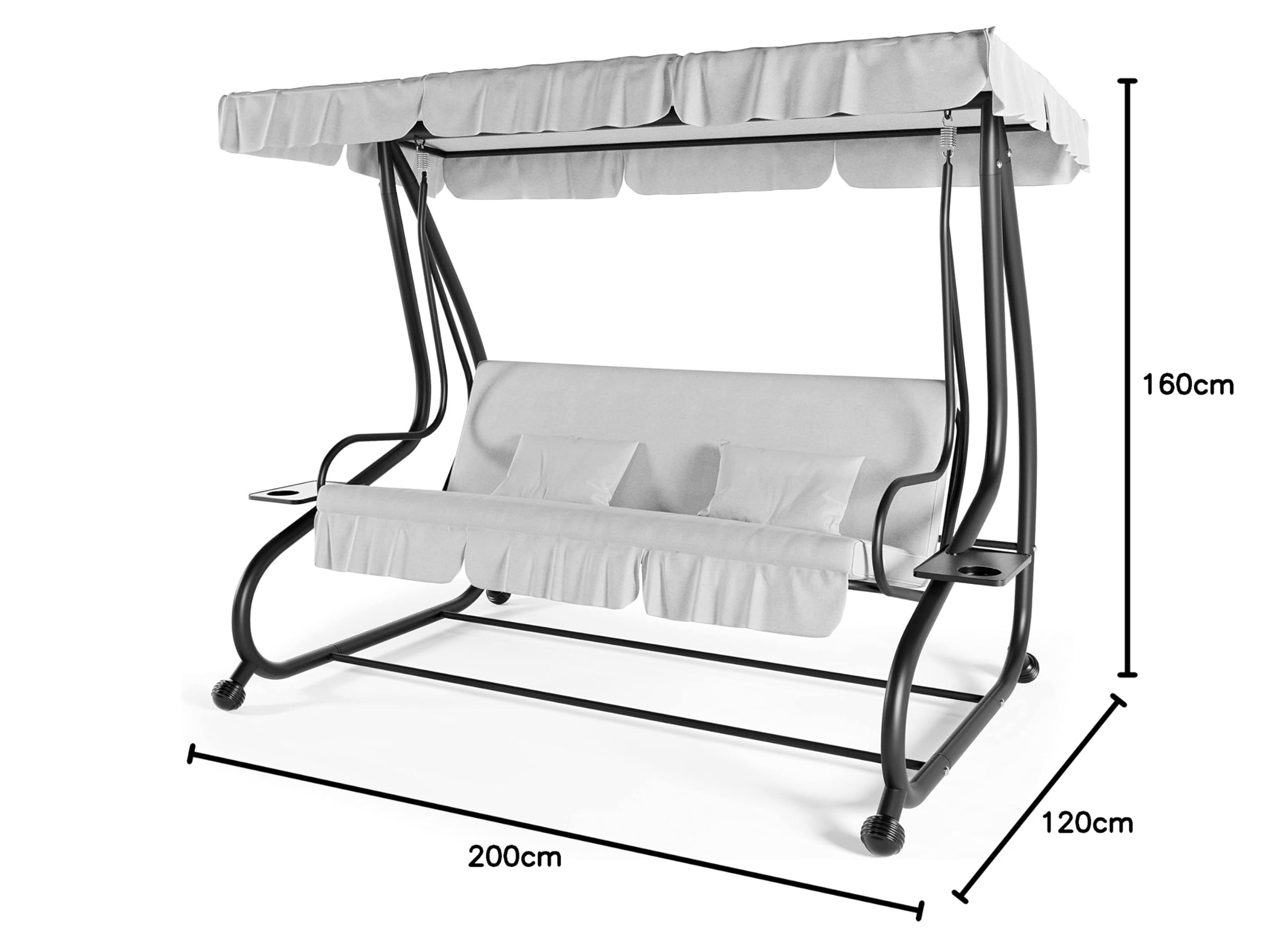 Dondolo Reclinabile 3 Posti Con Cuscini Imbottiti Parasole Tettuccio Regolabile Diventa Letto Struttura Acciaio Robusto Verniciato Giardino Esterno Balcone Terrazzo Piscina 200 x 120 x 160 cm Grigio