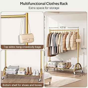 MISSLO Heavy Duty Clothing Rack with Wheels Rolling Clothes Racks for Hanging Clothes, Coats, Garment, Dress, Gold