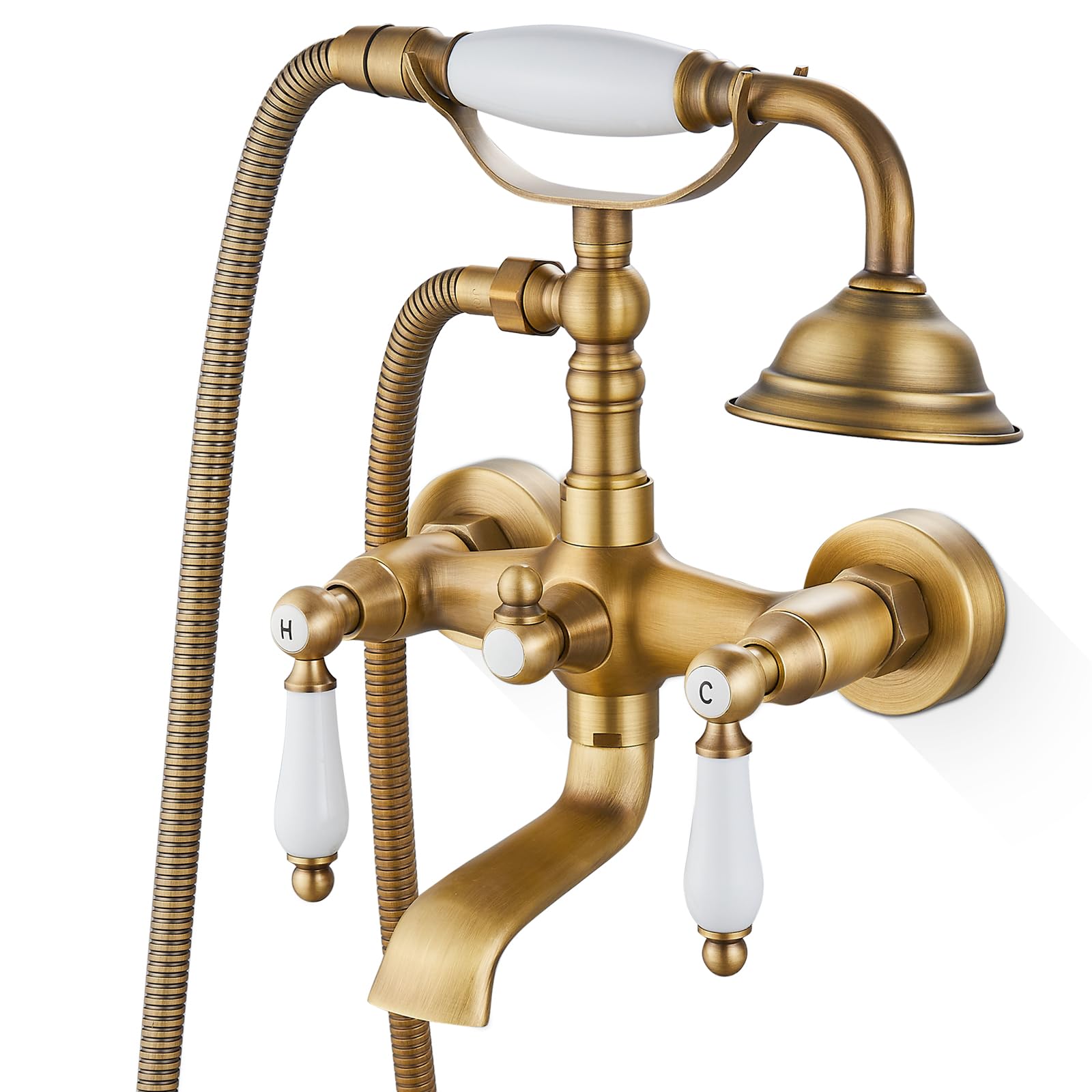 Airuida Grifo de latón antiguo para bañera con rociador de ducha de mano de cerámica, doble palanca de cerámica, grifo mezclador de agua caliente y fría, estilo vintage | Soporte de pared, estilo victoriano vintage, relleno de bañera vintage, mango de pal