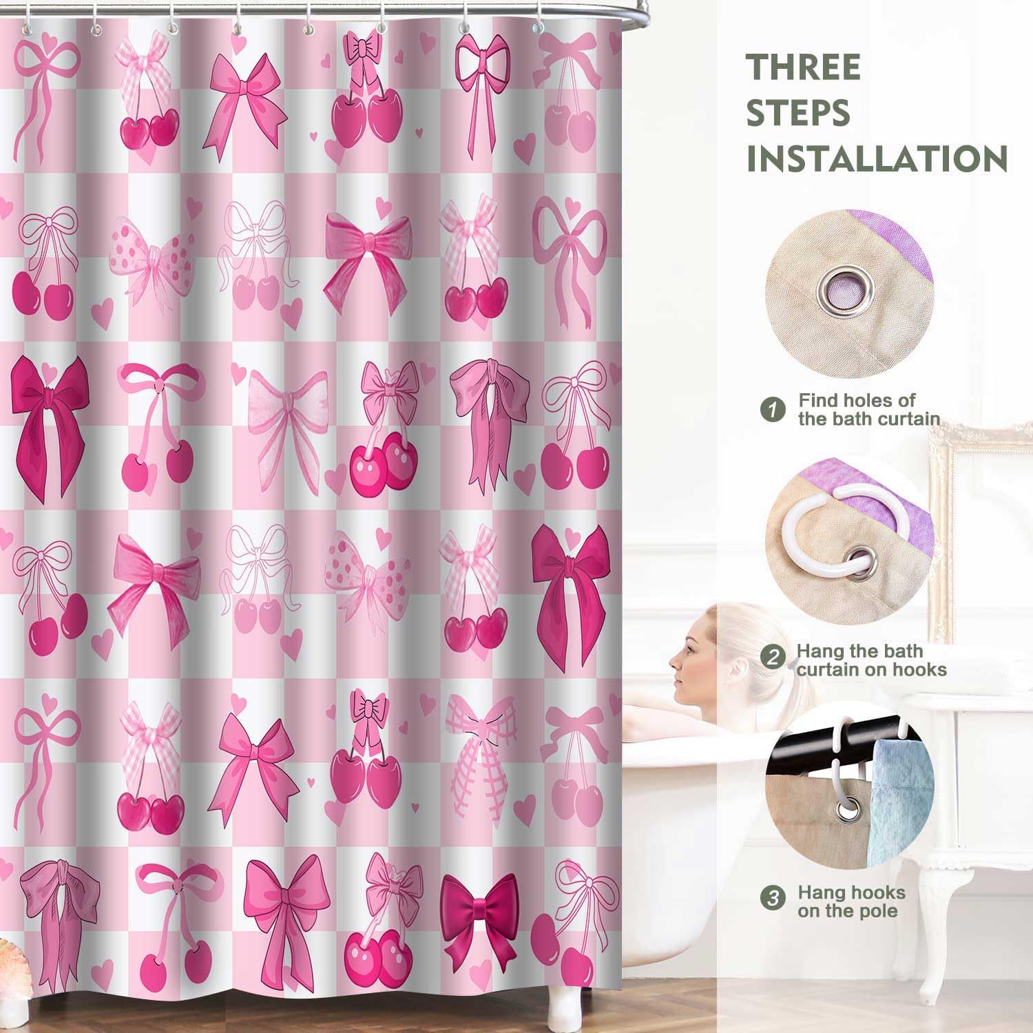 Pink Bow Shower Curtain, 72x72inch, Pink White Checkered Bow Tie Cherry Shower Curtain Sets Cute Pink Bowknot Women Girls Aesthetic Bathroom Shower Curtains Decor Set with 12 Hooks YLGJTP1