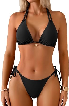 TASHEHE Women's Halter Bikini Set Sexy Triangle Two Piece Swimsuit Double String Bathing Suit