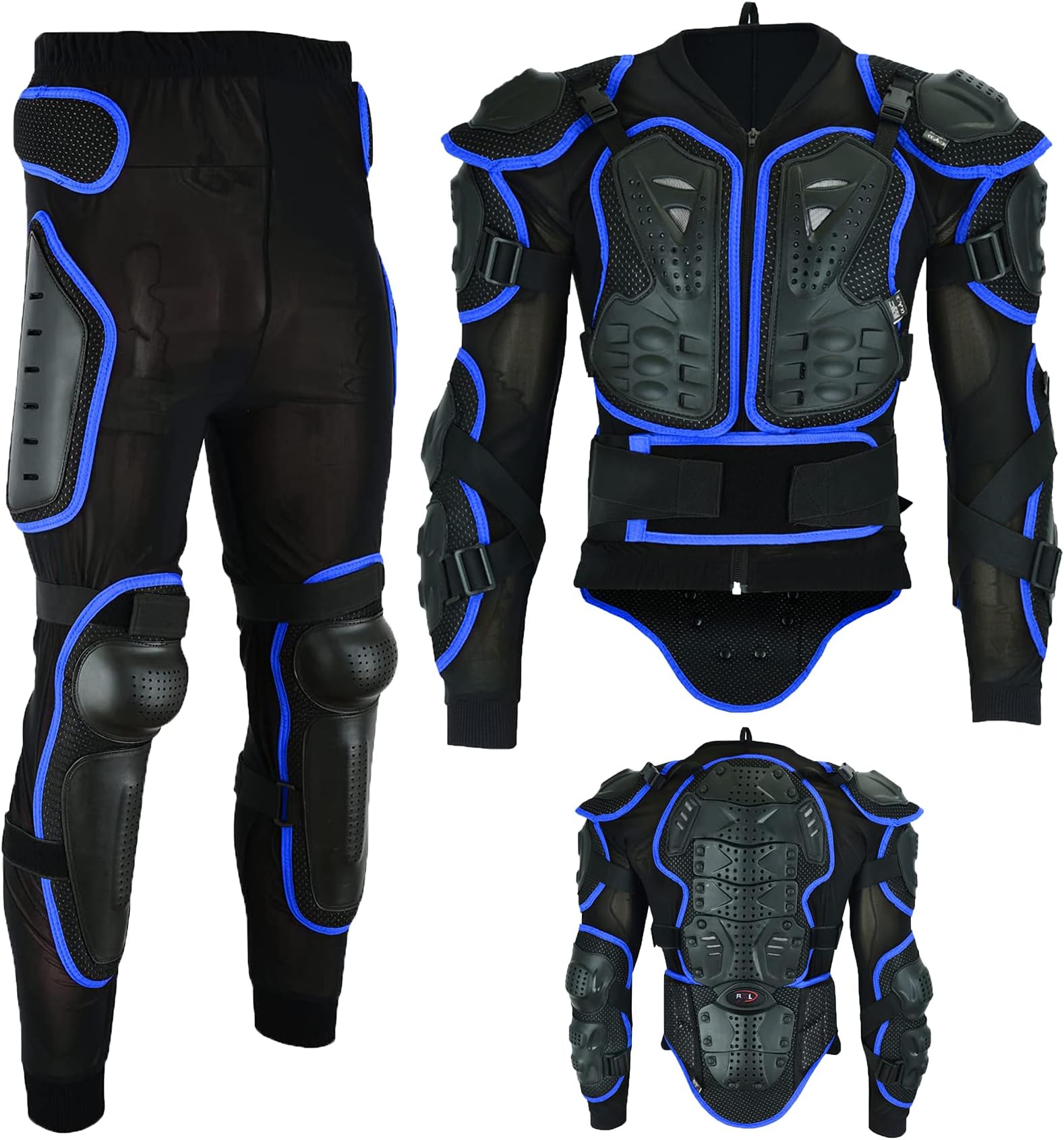 Motorcycle Motorbike Body Armour Suit Motocross Full Spine Body Protection Guard Motorcycle Protective Armour Jacket with Motorbike Armoured Trouser Pant (Armour Jacket L - Trouser waist 34", Blue)