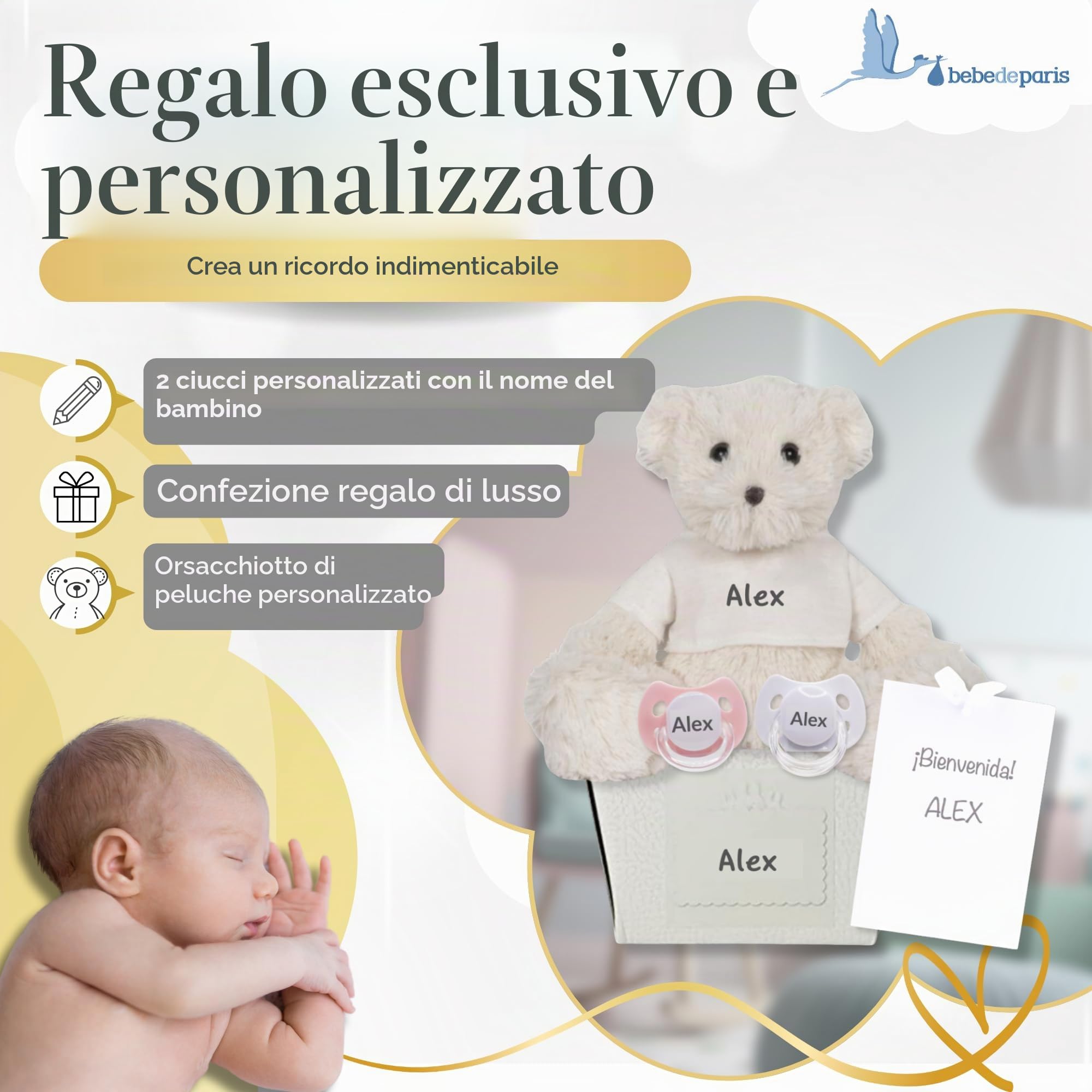 Regalo personalizzato per la nascita | 2 Ciucci per Bambini Personalizzati | per Neonati 0/6 Mesi Senza BPA i orsacchiotto personalizzato in scatola personalizzata | BebeDeParis