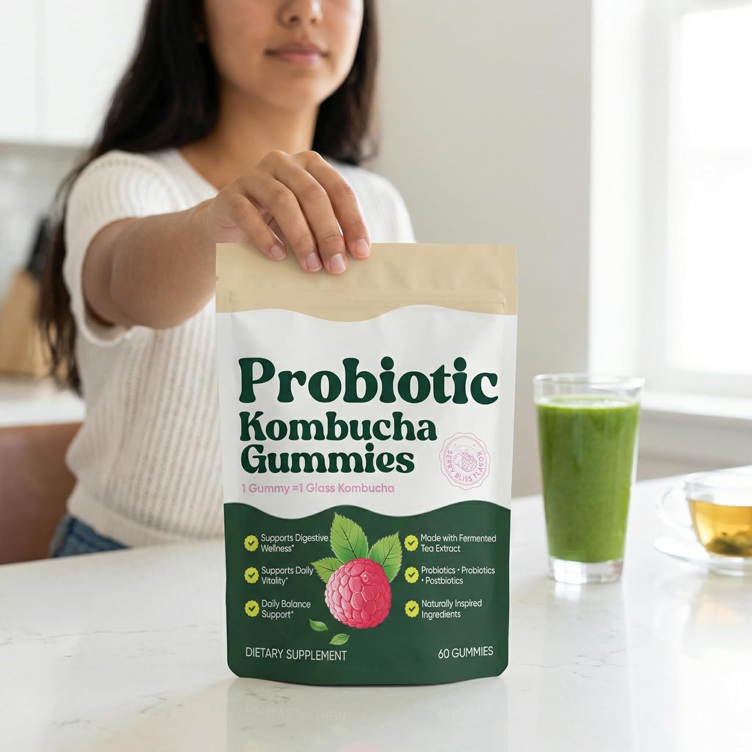 Probiotic Kombucha Gummies with Prebiotics, Probiotics & Postbiotics – Digestive Support Fiber Gummy Supplement with Slippery Elm, Dandelion Root & MCT Oil – Vegan, Non-GMO, 60 Gummies - Image 8