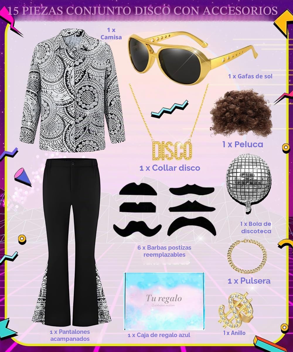 Disfraz Disco Hombre, Disfraz Disco Años 70 con Accesorios Discoteca, Gafas, Collar, Años 70 60 Disfraces para Disfraces Hombre Carnaval Discoteca Fiesta Festival, Cosplay, Halloween