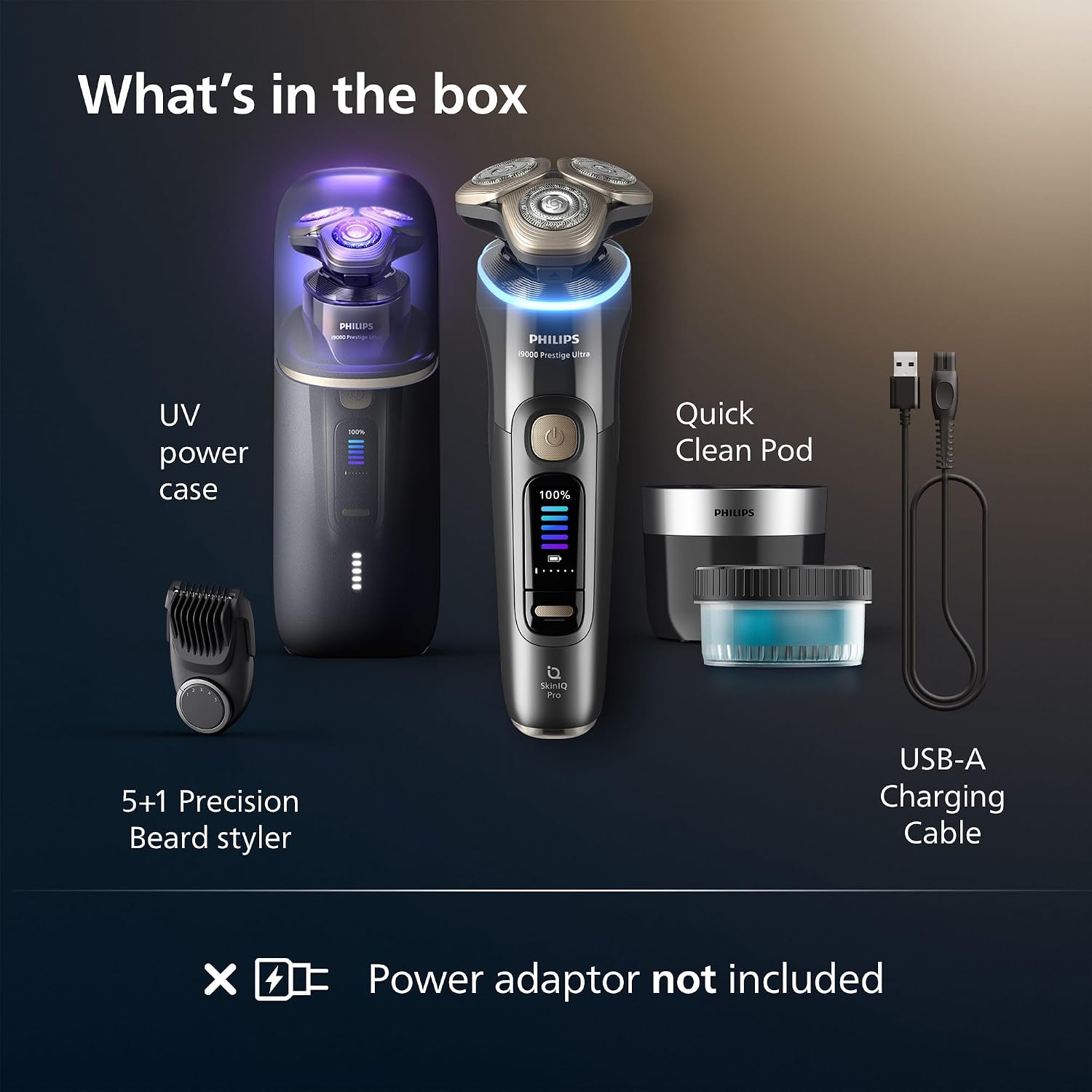 Philips Shaver i9000 Prestige Ultra displaying SkinIQ Pro technology with 5 shave modes and pressure guidance.
