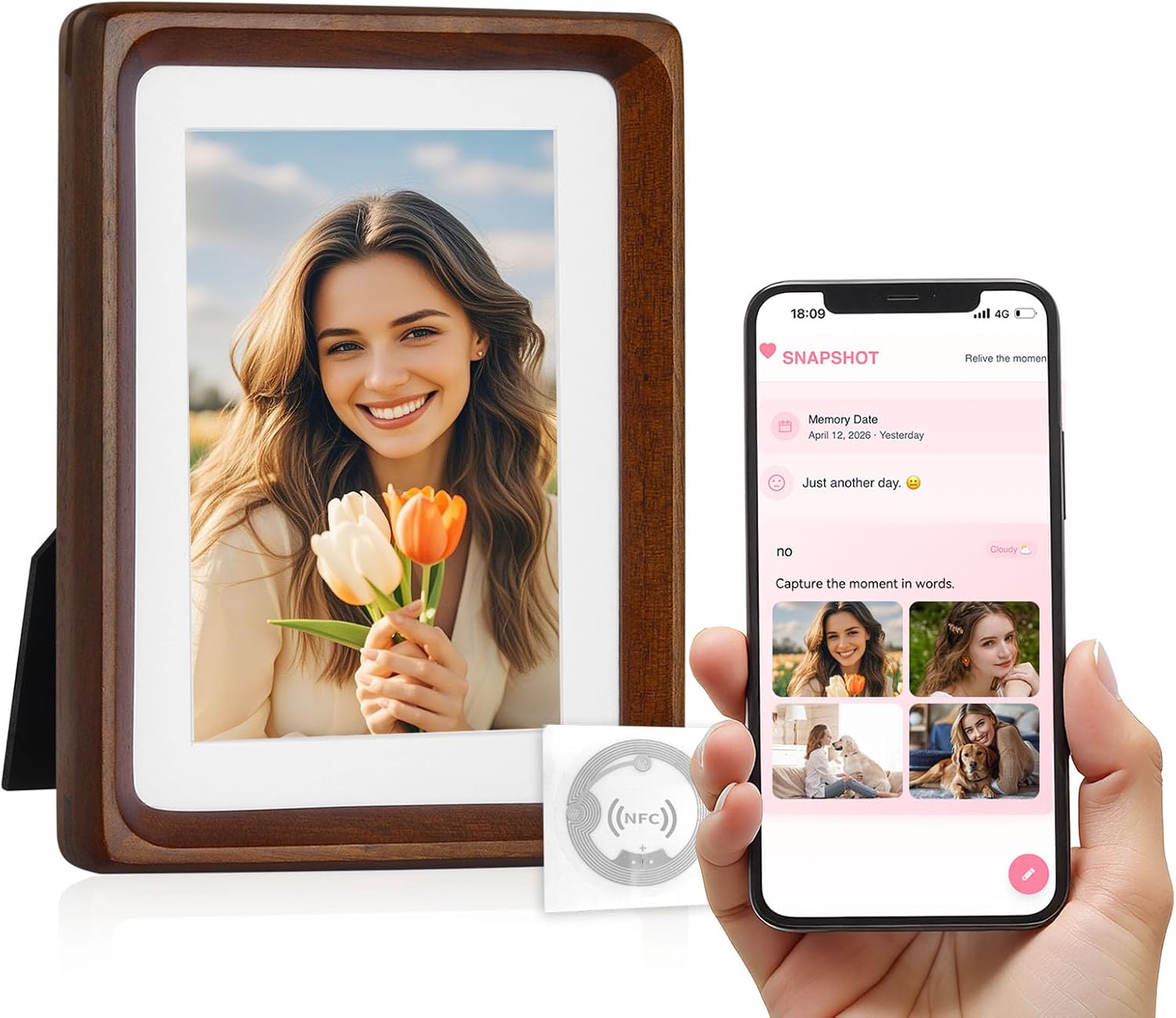 SNAPSHOT Smart Picture Frame, 5x7 Wireless Wood NFC Photo Frame, Tabletop&Wall-Mounted, Share Photos/Videos/Recording from Phone to Webpage for Party/Travel/Home & Gifts, Compatible iPhone/Android