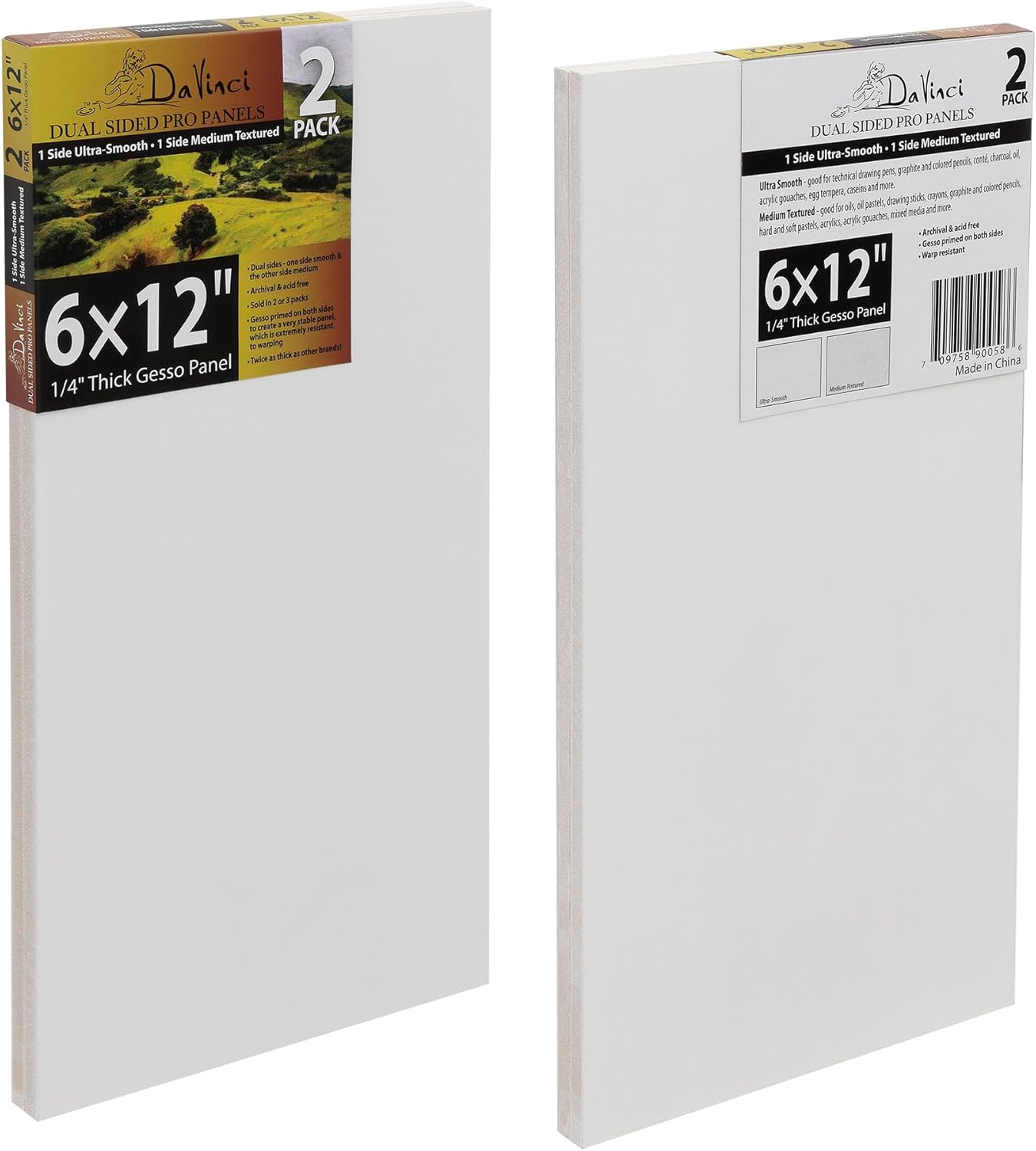 Jerry's Artarama Da Vinci Dual Sided Pro Panel Board - 2-Pack, 6x12" 6mm Deep Panels for Painting - Archival, Acid-Free Art Supplies - Ultra-Smooth & Medium Textured Paint Surfaces