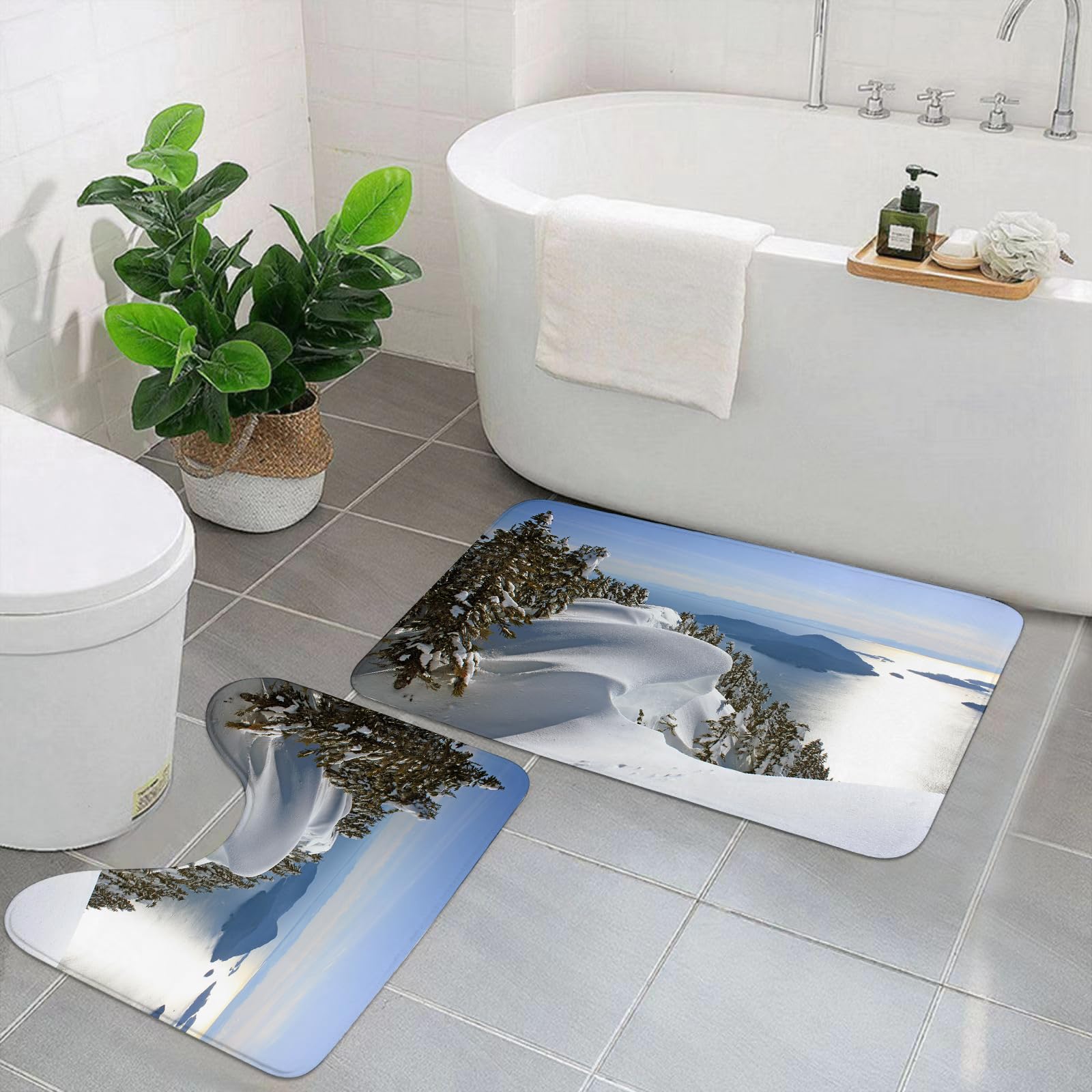 Set di 2 tappetini da Bagno, Lavabili in Lavatrice e Antiscivolo, tappetini Morbidi in Fibra Superfine, Inverno, Oceano Pacifico, Montagne, Vancouver, Colombia,