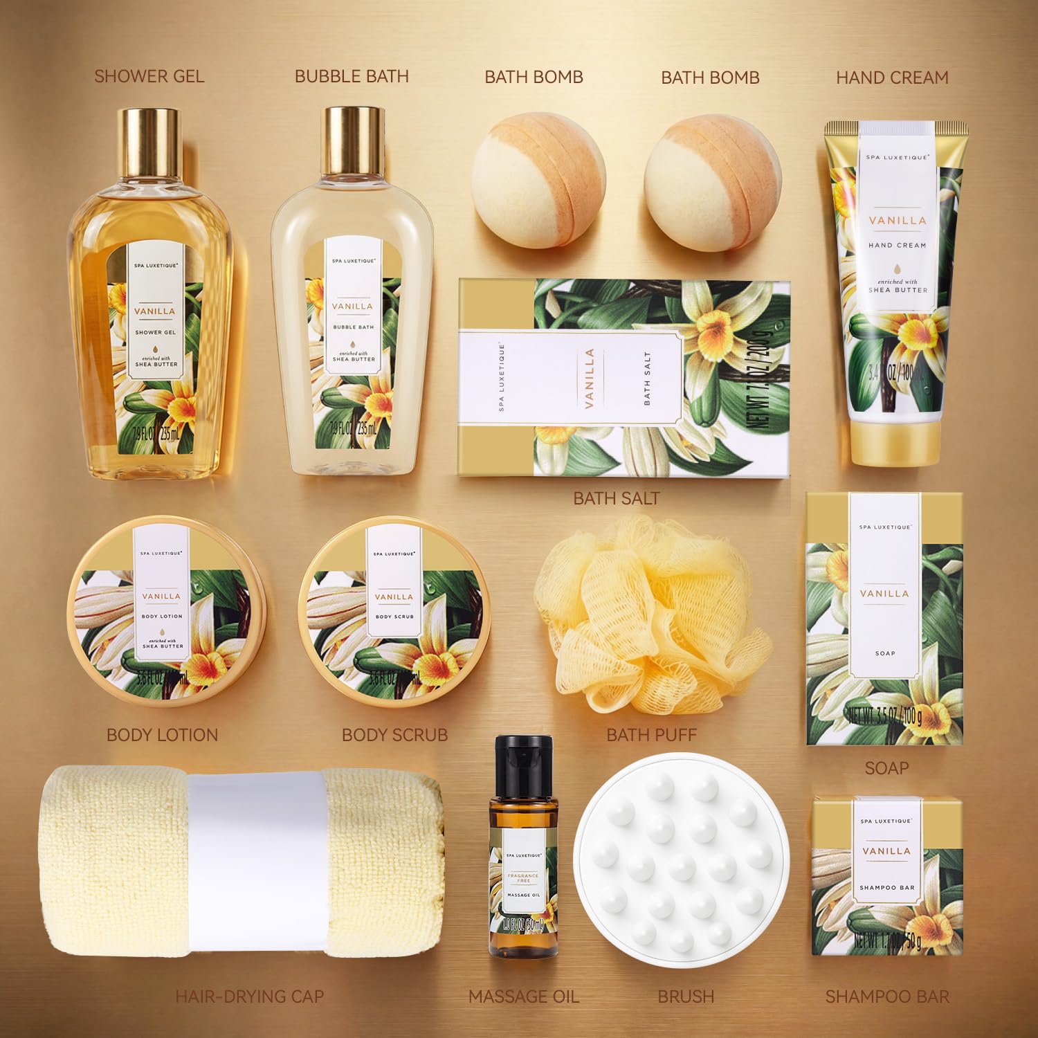SPA LUXETIQUE 15 tlg. Bade Geschenkset für Frauen Vanilleduft mit Duschgel, Haarkappe & Handtasche