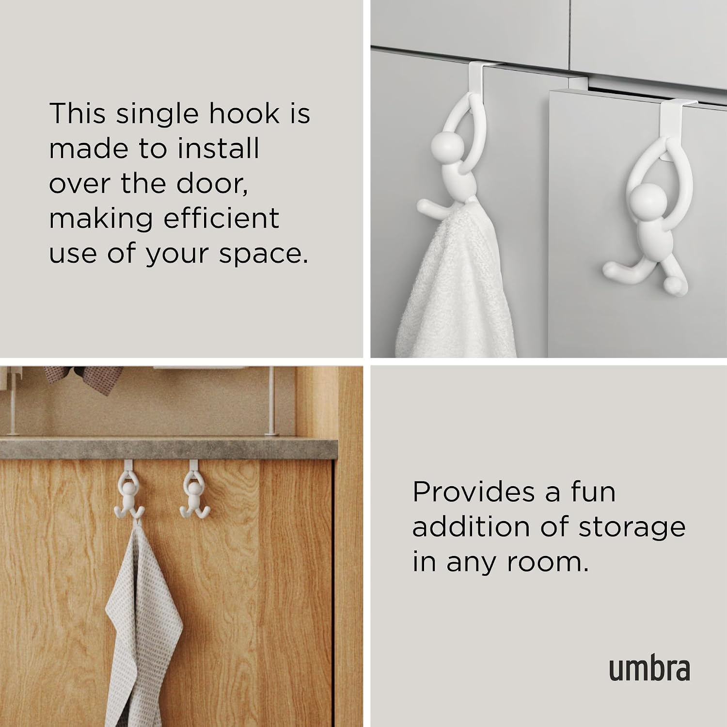 Umbra Buddy Over Door Hook, Space Saving Cabinet, Set of 2, White | Non-slip rubber tips, EVA foam padding, installs without tools, protects surfaces, towel storage solution, recycled plastic
