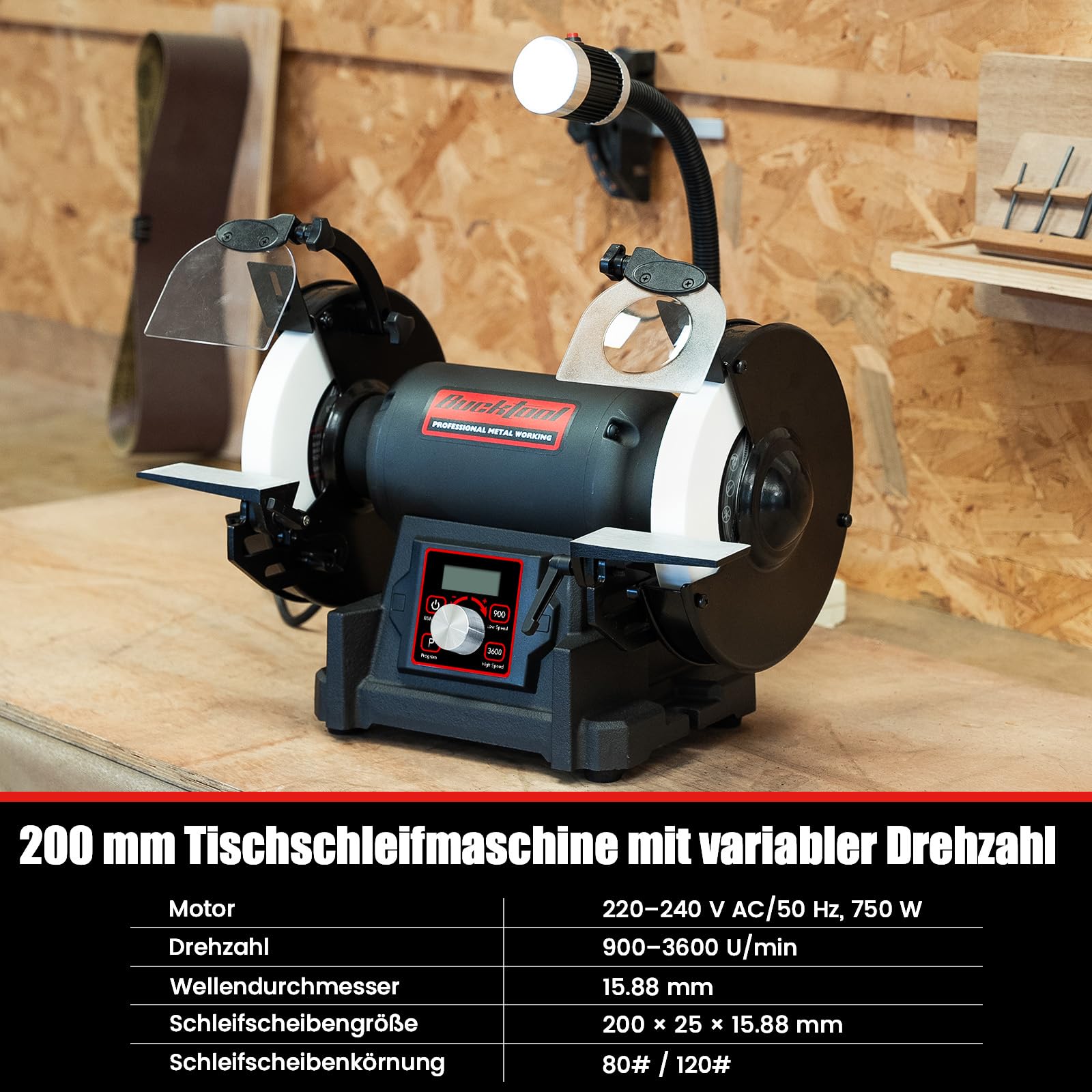 Bucktool Lijadora de mesa variable de 200 mm, VFD 750 W profesional con baja vibración y alto par para procesamiento de metal, afilado de cuchillos y trabajos de taller
