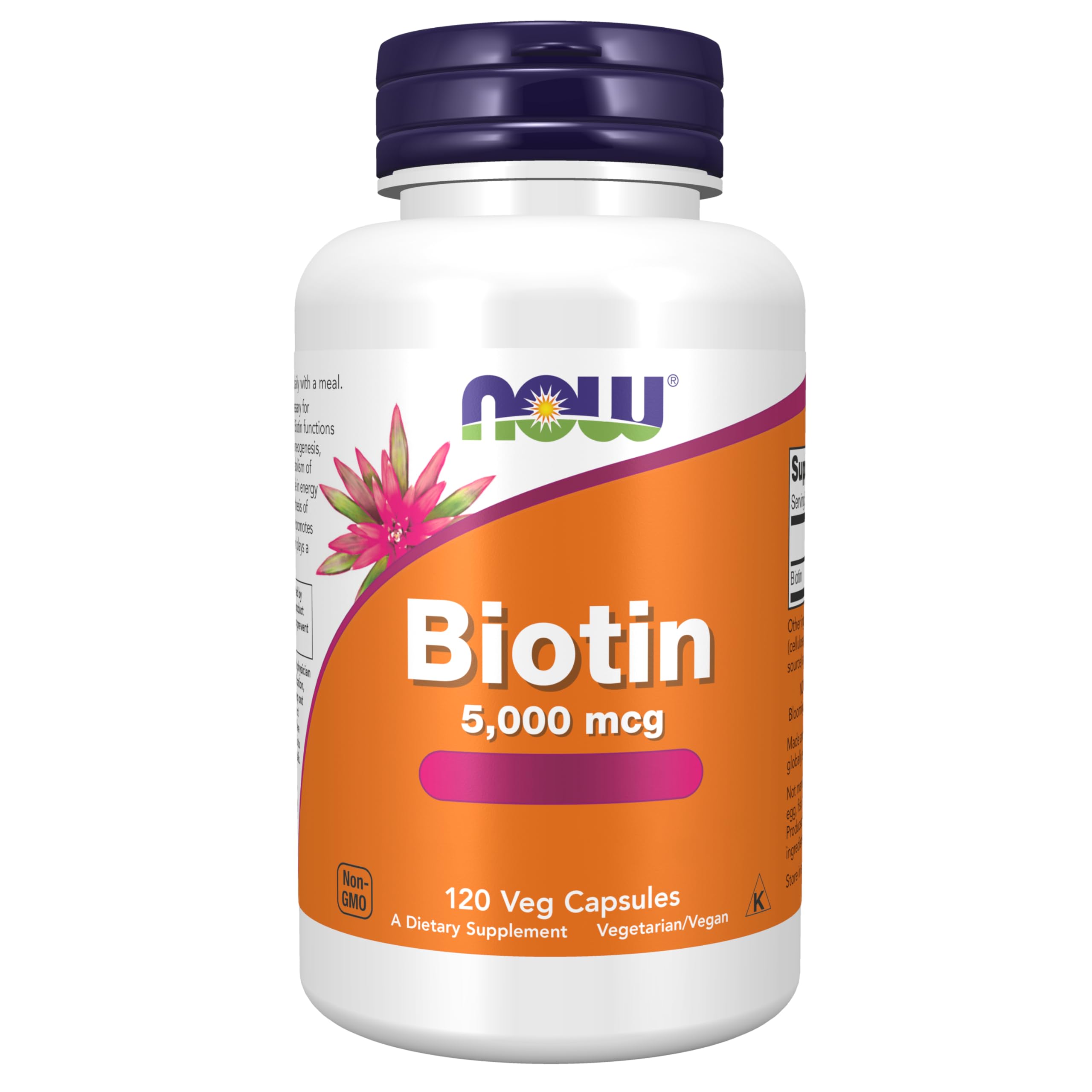 Now Foods, Biotin, 5000mcg, Vitamina B7, Alta Dose, 120 Capsule vegane, Testato in Laboratorio, Senza Glutine, Senza Soia, Vegetariano, non OGM