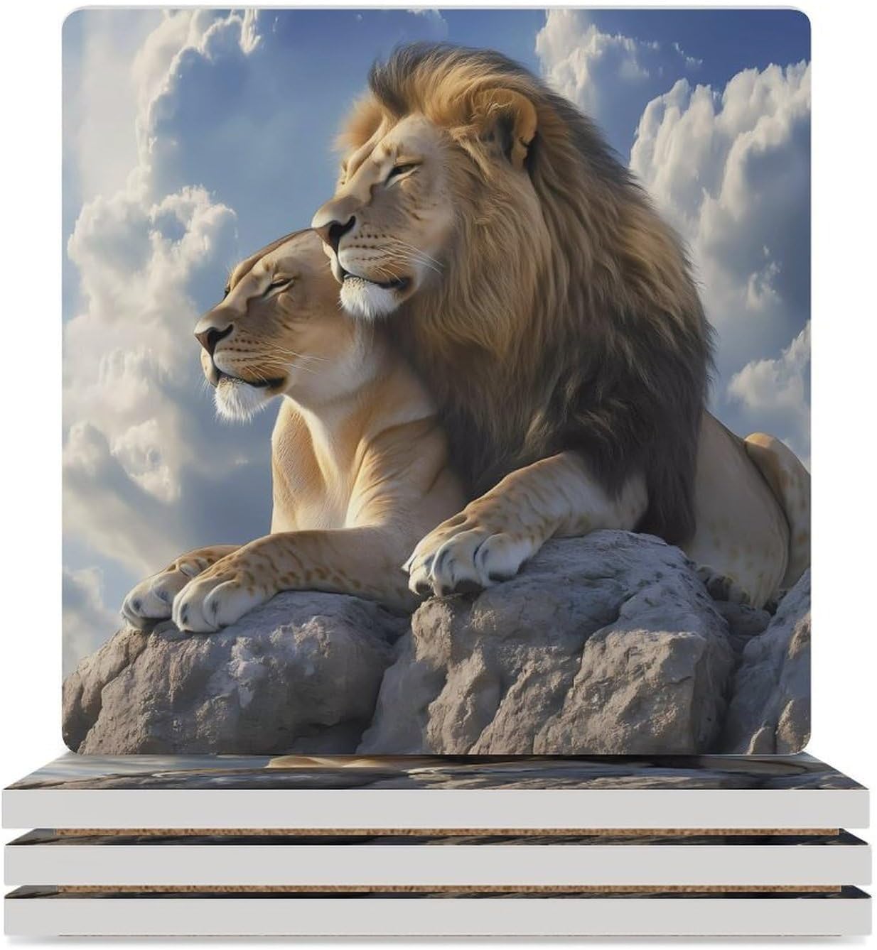 Animal Lion Love Coasters for Drinks Square Ceramic Coasters Cup Mats with Cork Base