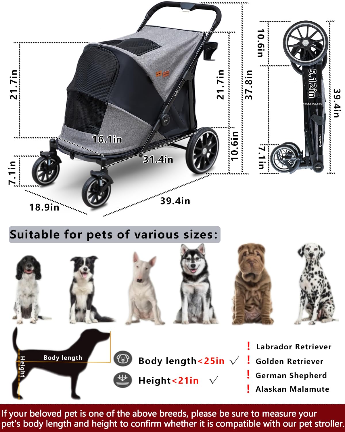 Hundewagen Ein-Taste-Zusammenklappung Hundebuggy bis 40kg Hundewagen Große Hunde Katzenwagen für 2 Große Katzen 360° Verschleißfeste Gummiräder Netzfenstern