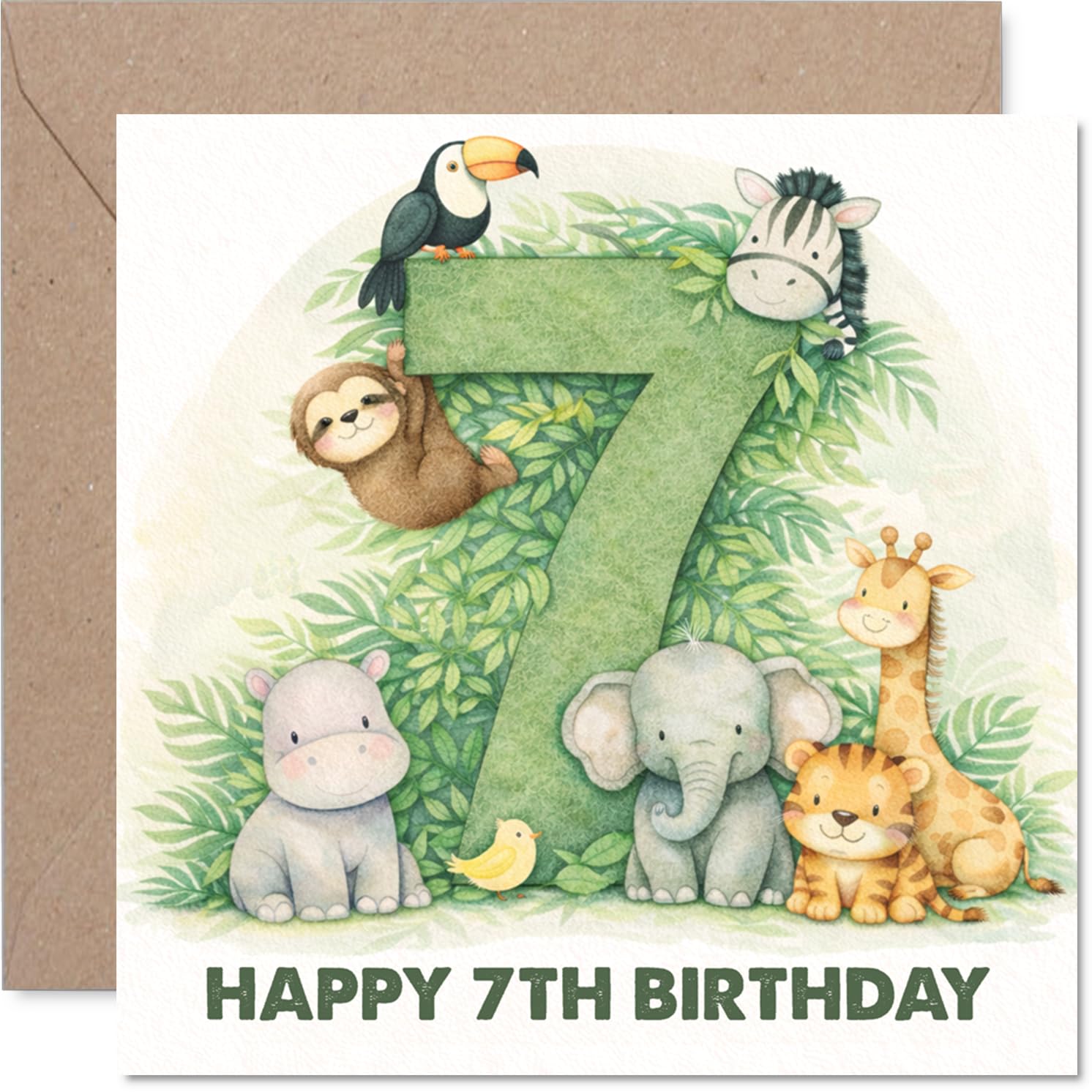 Playful 7th Birthday Card - Bursting with Birthday Cheer - Green Number 7 with Adorable Animals and Leafy Details - 145mm Square, Envelope Included