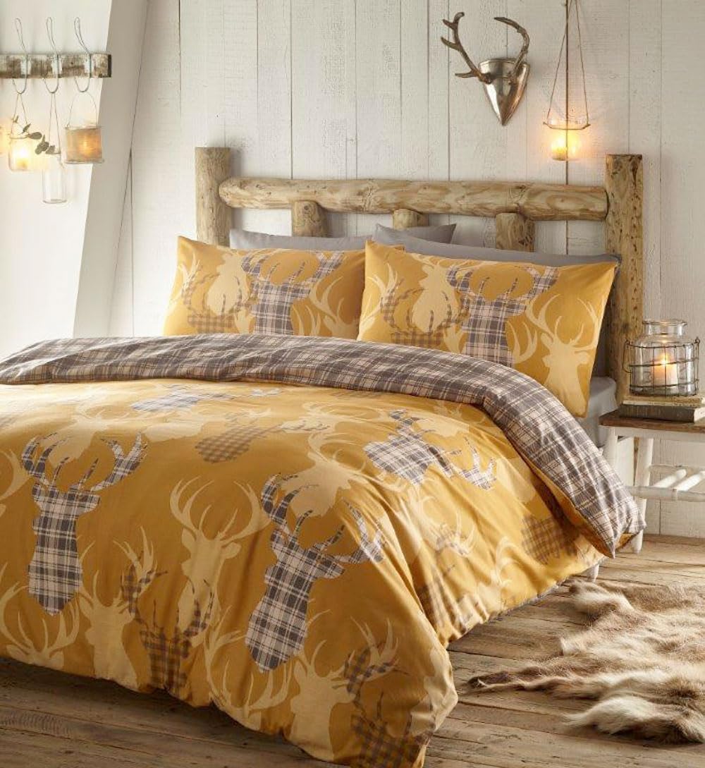 Portfolio's Mustard Modern Tartan Check Antlers Deer Stag Reversible Quilt Duvet Cover Bedding Set (Single)