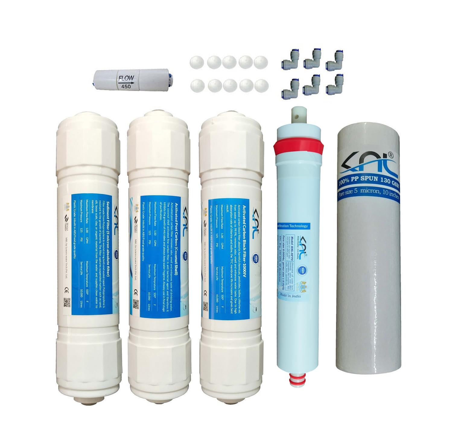 KNL NF70 NF Service kit for ro Water Filter, NF70 Membrane, Sediment, Activated Block Carbon, Post Carbon, Spun, FR 450 & 10 pcs antiscallant Balls. Suitable for Input TDS (500-800) ppm.-image-33