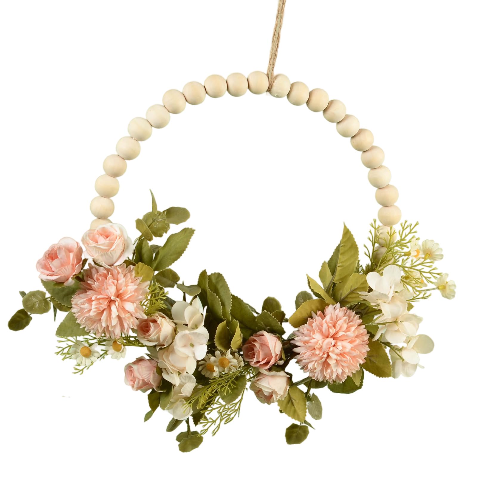 Xinsheinelry Artificial Flower Wood Beads Wreath Spring Wreath Decoration for Front Door Farmhouses Wedding Thanksgiving Decoration Valentines Day