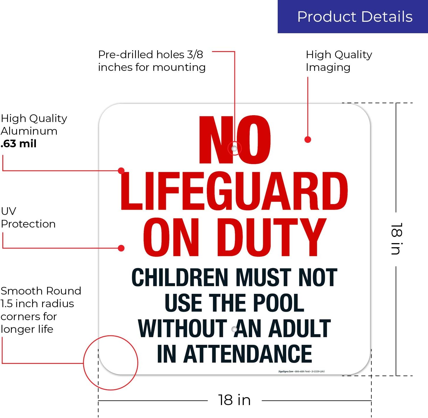 No Lifeguard On Duty Pool Sign, Children Must Have Adult Supervision Sign, 18x18 Inches, Rust Free .063 Aluminum, Fade Resistant, Indoor/Outdoor Use, Made in USA