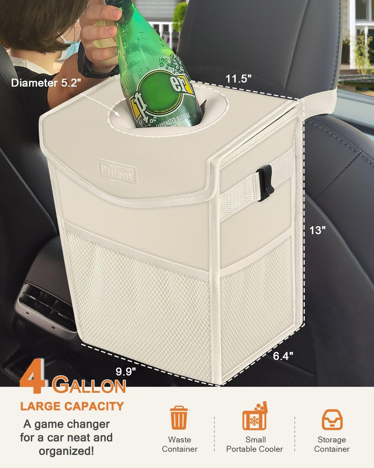 Pritent Poubelle de voiture avec couvercle, joli sac poubelle de voiture étanche à suspendre pour véhicule – Petite poubelle portable pour siège arrière/avant (12 litres, beige)