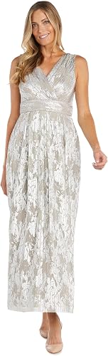 R&M Richards Women's Long Metallic Foil Print Pleated Wrap Dress W/V-Neck & Rhin