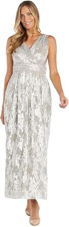 R&M Richards Women's Metallic Floral Print Maxi Dress - Sleeveless V-Neck With Ruched Waist