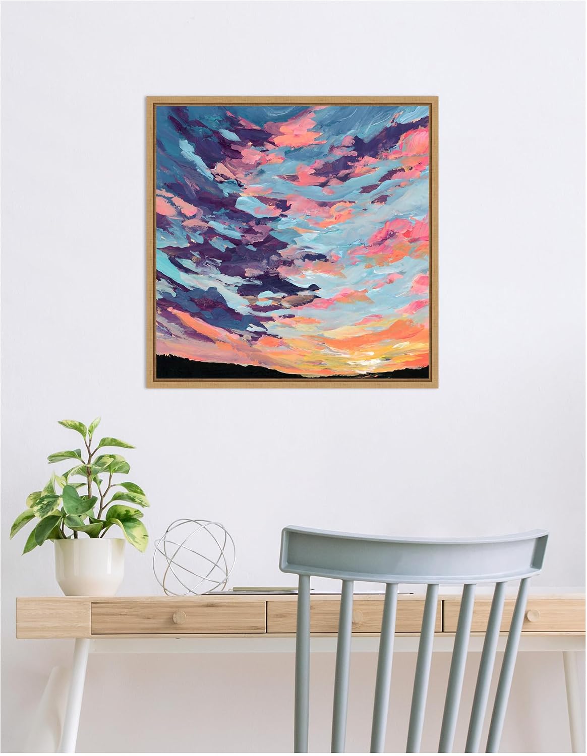 Kate and Laurel Sunset Study Framed Canvas Wall Art by Emily Kenney 22 x 22 Sylvie Natural, Modern Contemporary, Abstract, Beach, Landscapes, Tropical Art for Wall Decor, Living Room Bedroom