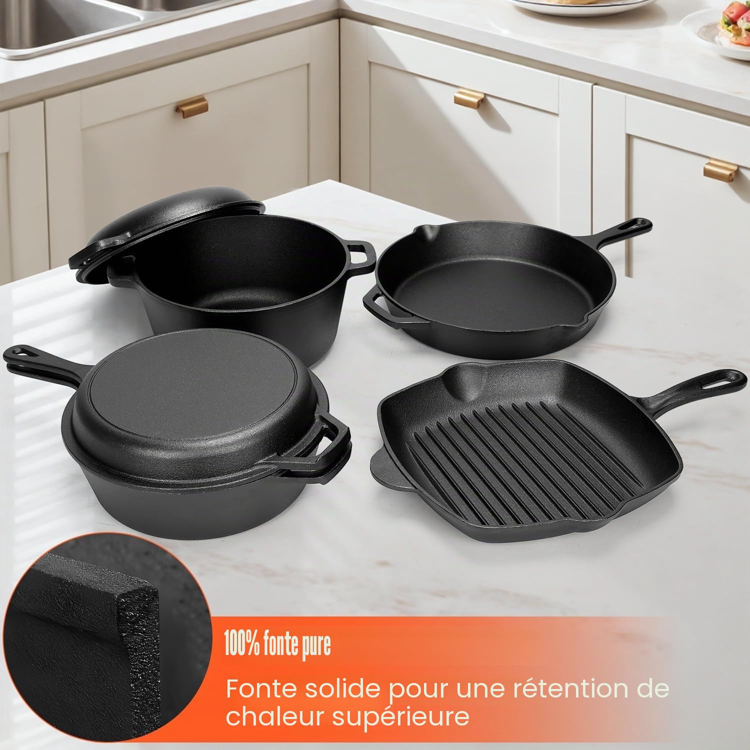 GFTIME Lot de 5 ustensiles de cuisine en fonte avec Dutch Oven 5 QT, cocotte 3,2 QT avec couvercle de poêle, poêle à griller 28 cm, poêle à frire 30,5 cm, pour cuisinière, four, barbecue, camping
