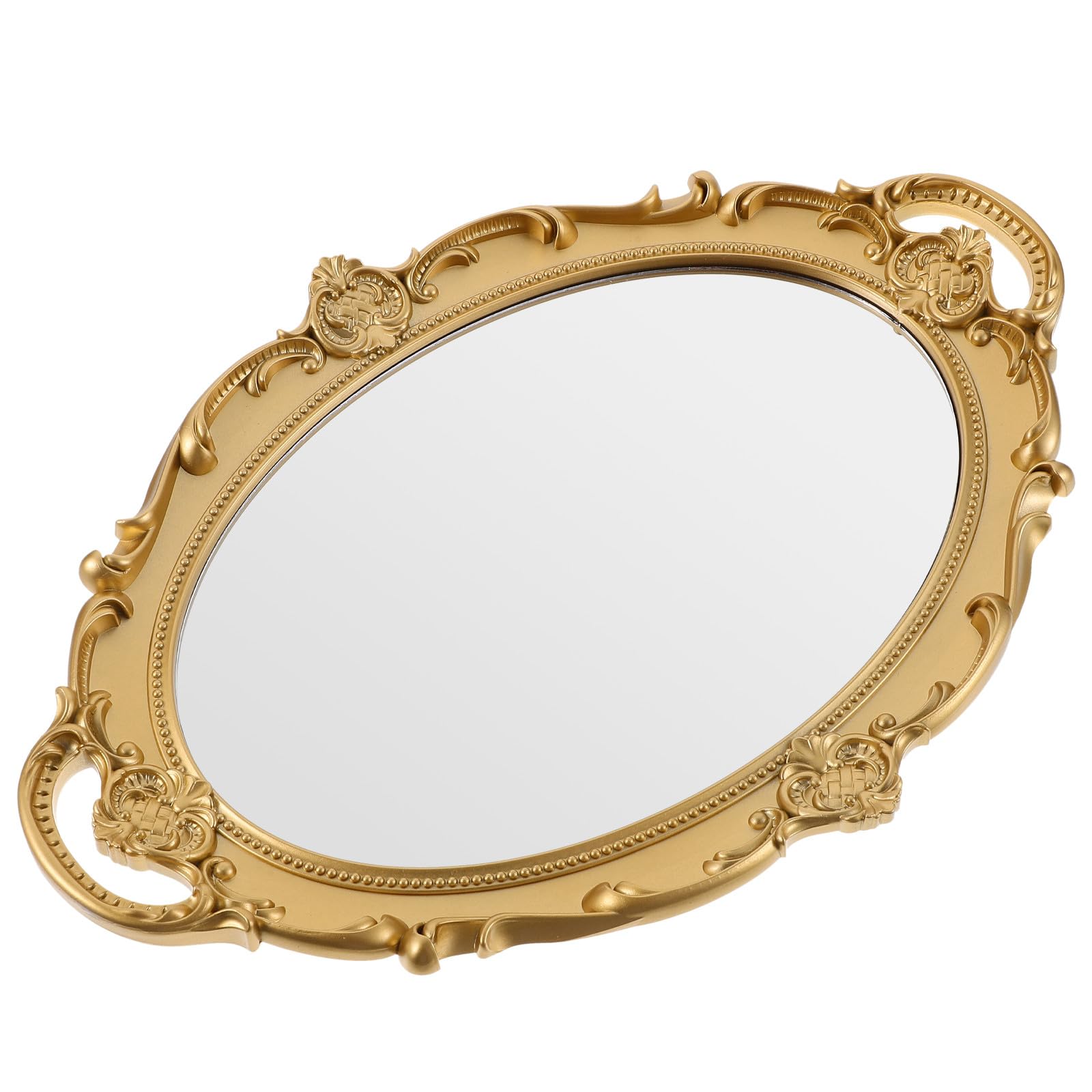 Miroir cosmétique mural ovale avec cadre sculpté doré pour un maquillage précis