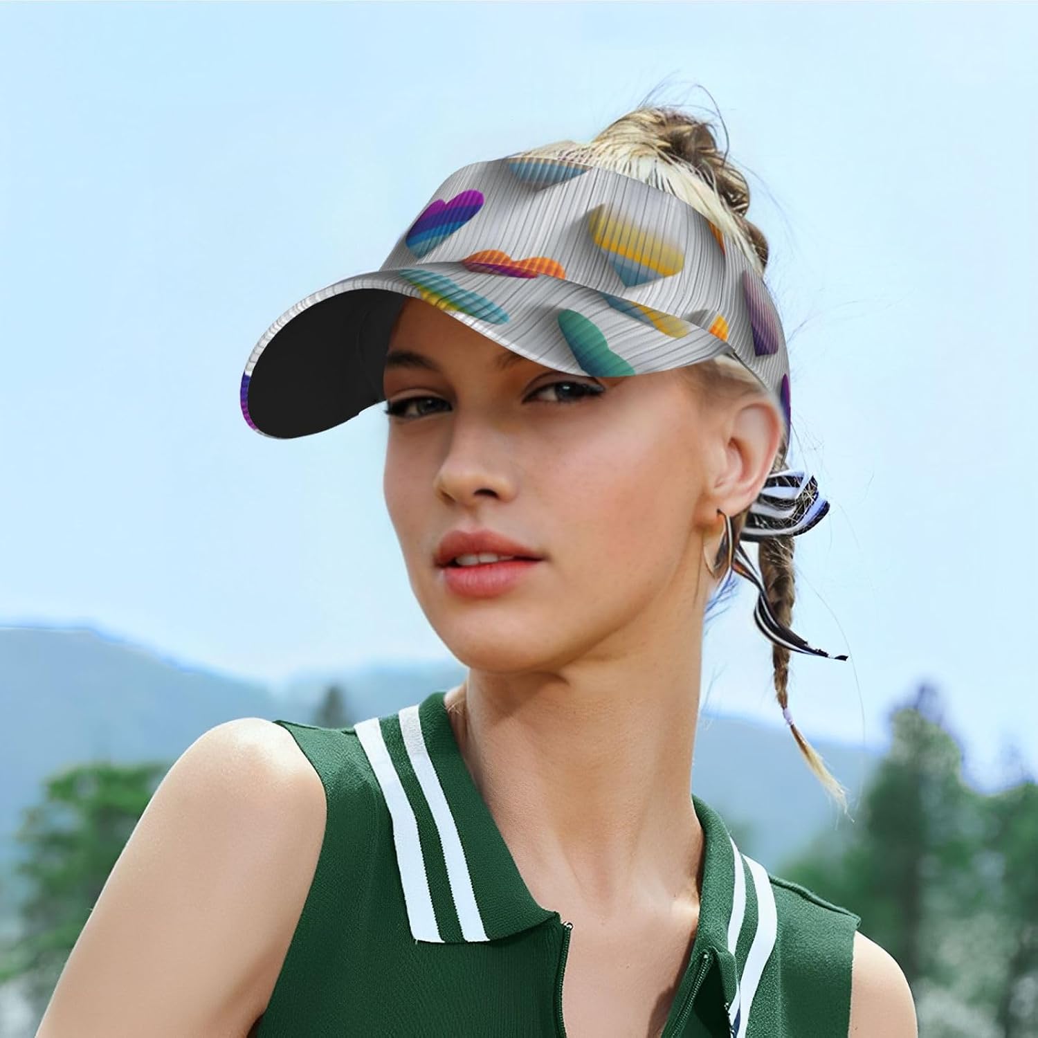 (Rainbow Heart) Adult Sun Visor Hat Adjustable Open Top Sports Cap Breathable for Men Women Beach Vacation Essentials