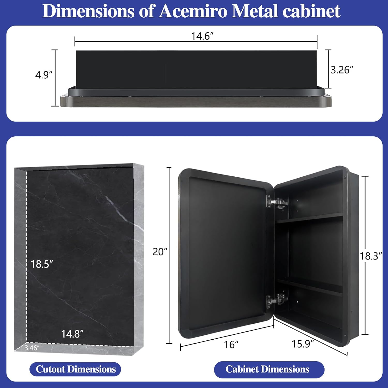 Bathroom Medicine Cabinet with 16"x20" Stainless Steel Framed Mirror,Recessed or Surface Mounted Bathroom Mirror Cabinet,Storage Cabinetfor Bathrooms, Guest Rooms, Apartments, Farmhouse Decor Dark Gray 16"x20"