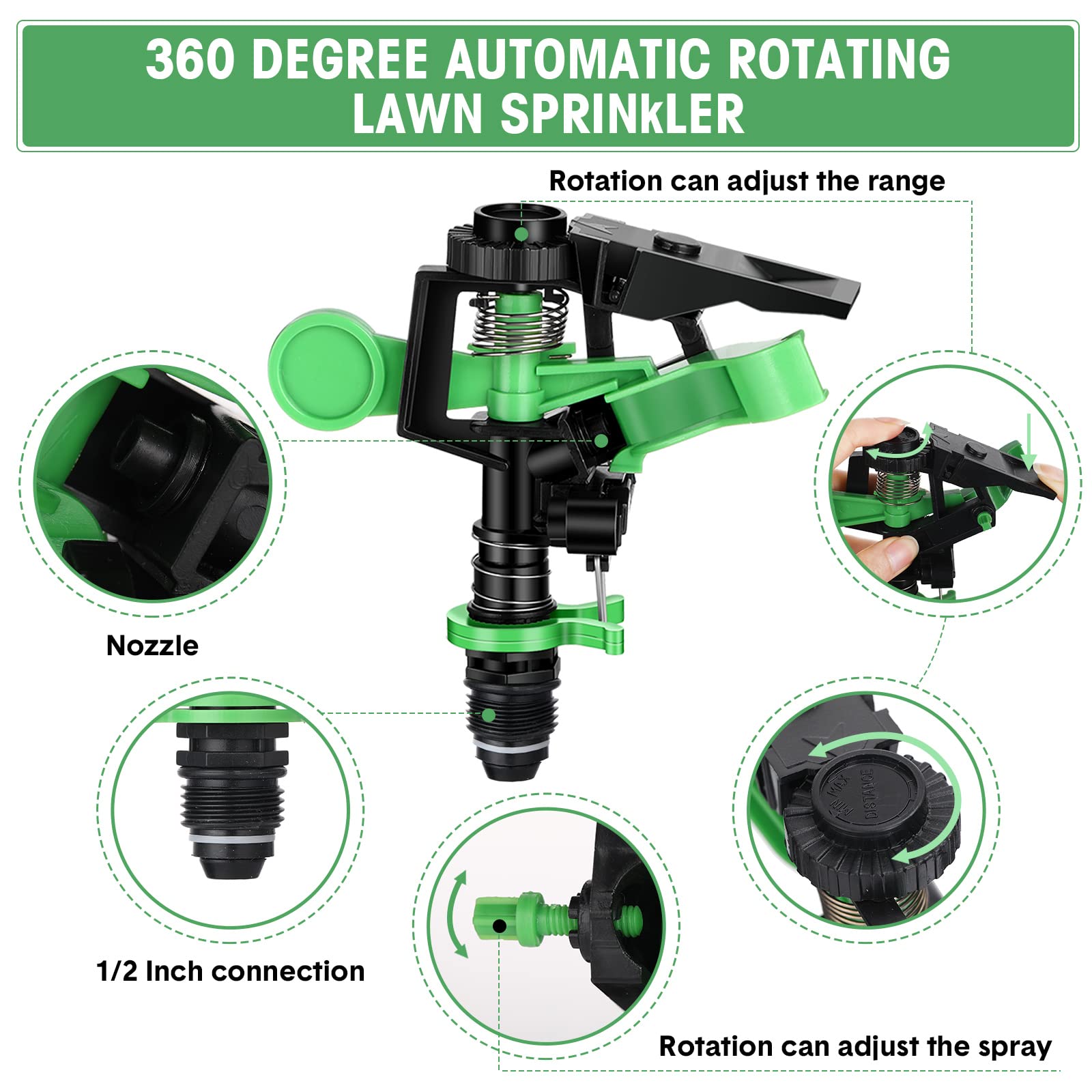 Irrigatori per giardino da cortile, irrigatore rotante automatico a 360 gradi con anello di arresto dell'acqua, irrigatori pulsanti rotanti regolabili per sistema di irrigazione erba terreno (24)
