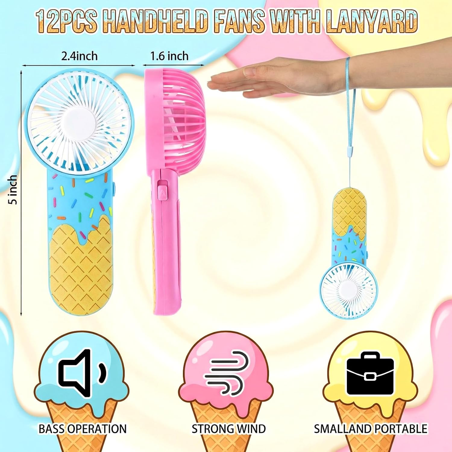24 Pcs Ice Cream Print Sport Gifts, Includes 12 Baseball Cooling Towels 40 x 12 Inch Workout Towels 12 Portable Mini Handheld Fan for Sport Party Team Gift, Battery Not Included