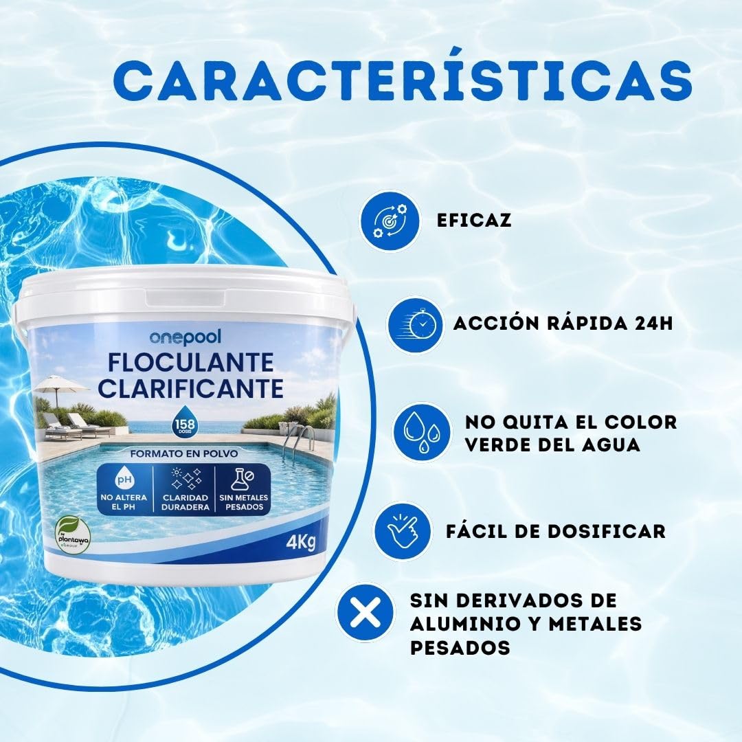 ONEPOOL Floculante en Polvo 158 Dosis 4 kg | Clarificador para Agua Turbia | Mejora la Filtración y Transparencia | Compatible con Piscinas Desmontables y Enterradas