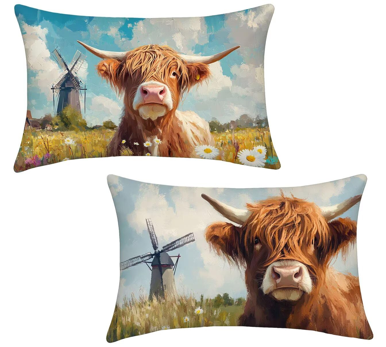 Cojines Exterior 50x70 Juego de 2 Fundas de Almohada de Terciopelo Molinos Impresión Vaca x-766