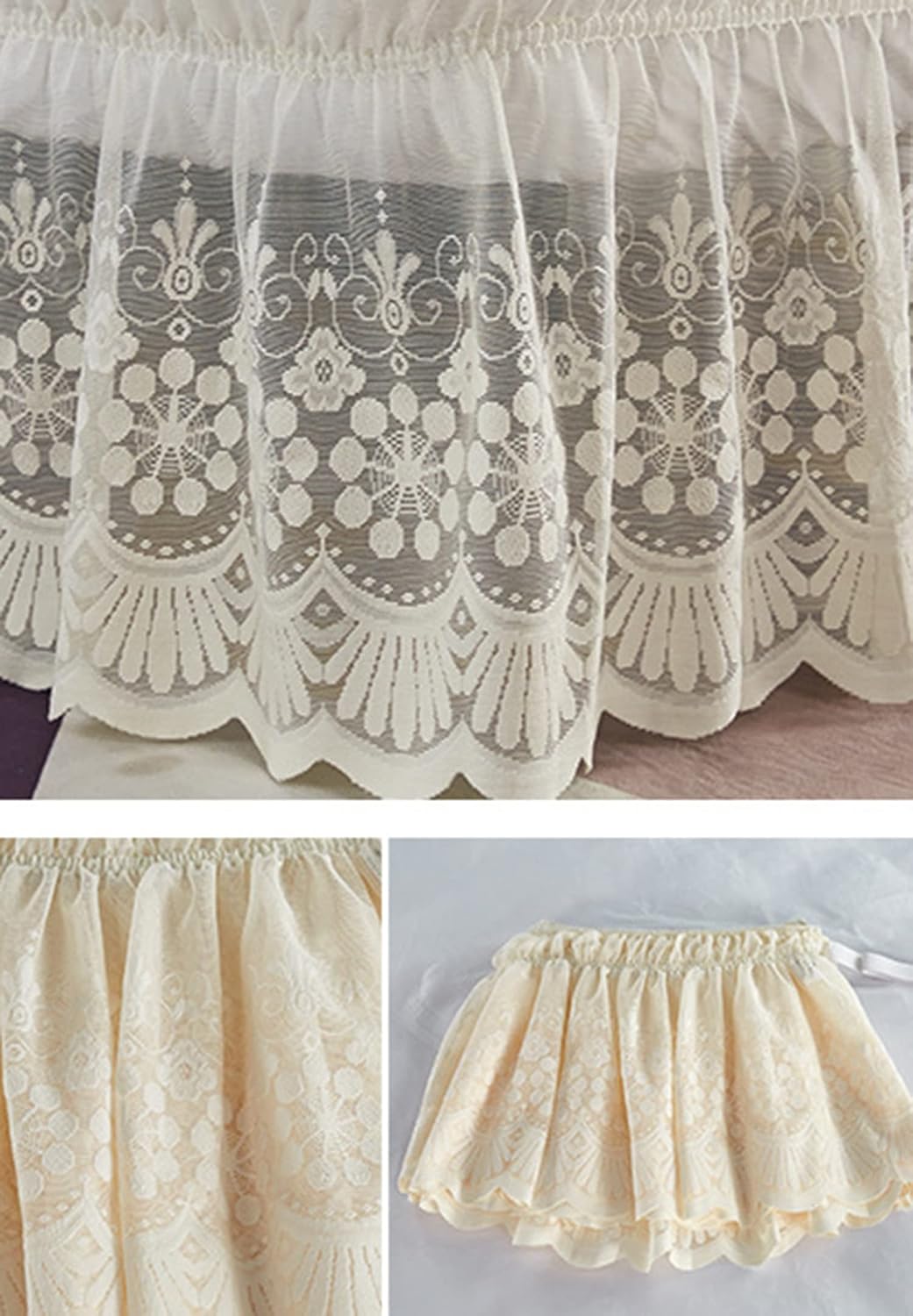 Vintage Solid Lace Elastic Dust Bed Skirt,Wrap Around Bed Skirt,Easy On/Off Dust Ruffle,15" Drop