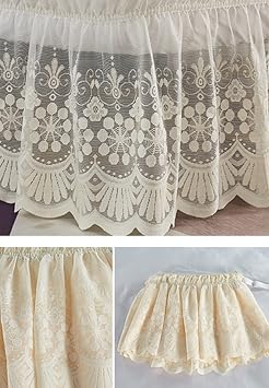 Vintage Solid Lace Elastic Dust Bed Skirt,Wrap Around Bed Skirt,Easy On/Off Dust Ruffle,15 Drop