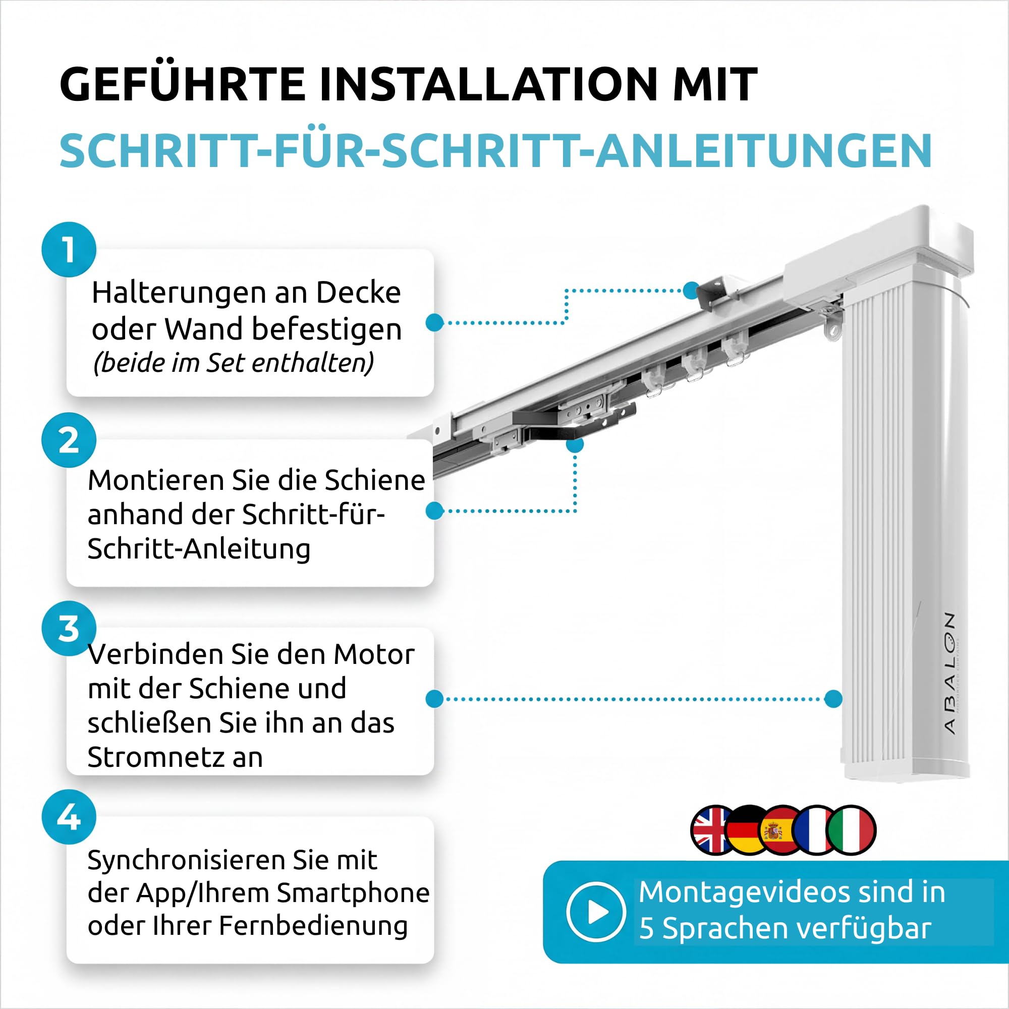 ABALON Elektrische Gardinenschiene, WLAN-Motor (2 Meter, Grau) | WLAN-Motor kompatibel mit Alexa, Google Home und der Tuya Smart App, Inklusive Fernbedienung, Wand- oder Deckenmontage