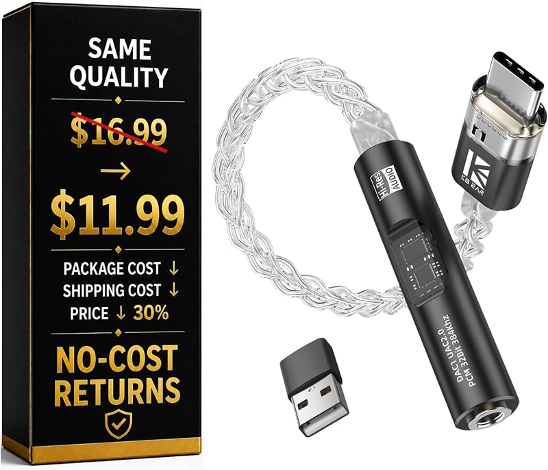 Adaptador de audio USB C a 3,5 mm con DAC para iPhone, Samsung y iPad | Amplificador de auriculares | HiFi 32 bits/384 kHz | Cable plateado de 8 núcleos
