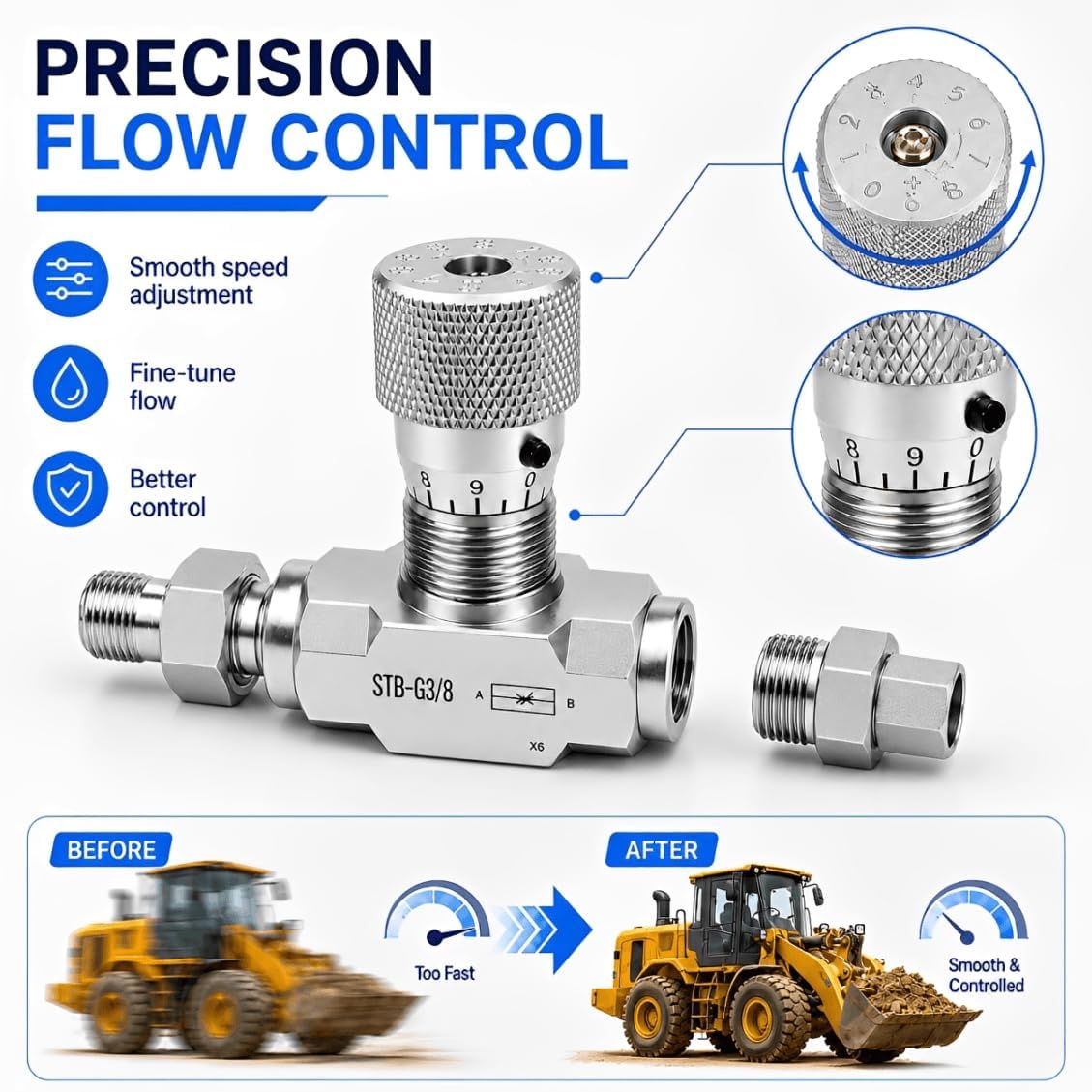 STB-G3/8 Hydraulic Flow Control Valve with L08 Metric Thread & M14 Fittings | Mini Excavator Flow Control Valve, CNC-Machined Speed Control Kit for Hydraulic Thumb, Grapple & Hydraulic Cylinde